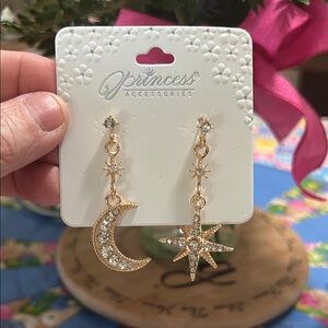 New Princess Accessories Gold Crescent Moon & Star Dangle Earrings